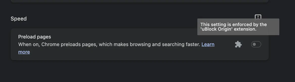 uBlock Origin forcefully disables Preload Pages feature.