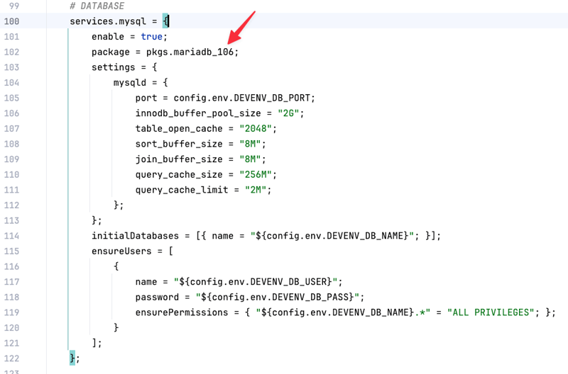 MariaDB configuration in devenv.nix