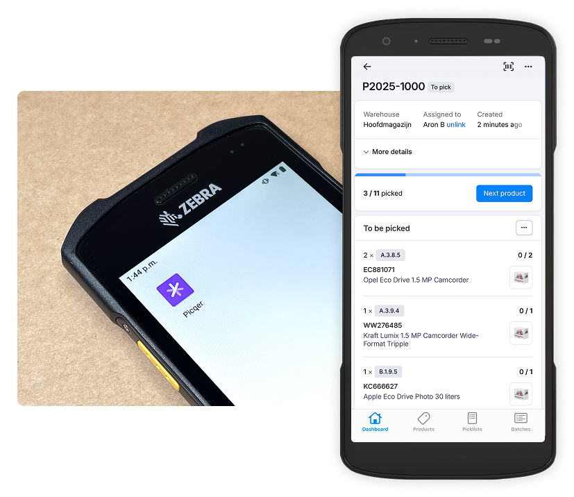 Warehouse team using Picqer inventory management system on tablet with efficient picking and packing workflow