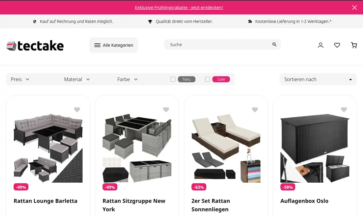 tectake product overview page.
